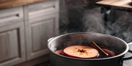 Hot Mulled Apple Cider in a Steaming Pot with Spicesの素材