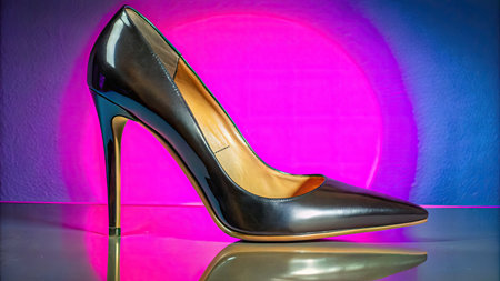 High heel shoes on a stand in a shop window with neon lightの素材