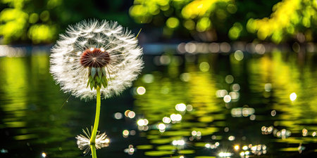 Dandelion seeds on a background of green foliage and water.の素材