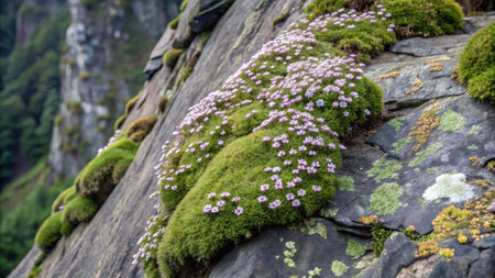 Mossy rock covered with purple flowers and moss in the foregroundの素材