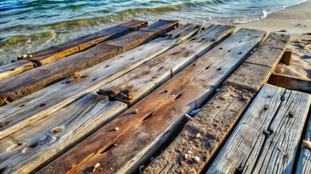 Wooden pier on the sea shore in summer. Selective focus.の素材
