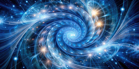 Luminous blue spiral vortex with glowing light trails and cosmic star-like particles in motionの素材