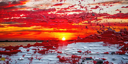 Sunset on the beach with red and orange paint on the glassの素材