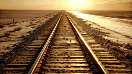 Railway tracks in the sand on the beach at sunsetの素材