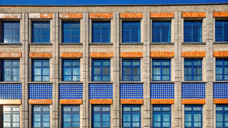 Facade of a modern office building with blue and orange windows.の素材
