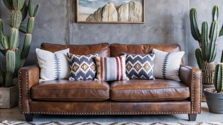 Pillow on brown leather sofa in modern living room interior designの素材