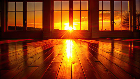 Sunset in a room with a wooden floor and a large windowの素材