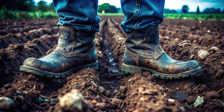 Farmer standing in his boots on a freshly plowed field.の素材