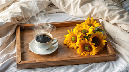 Cup of coffee and sunflowers on wooden tray in bedの素材