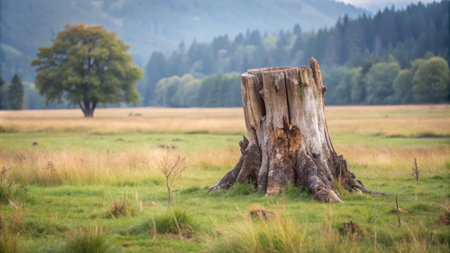 Old stump in a meadow with trees in the backgroundの素材