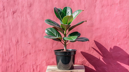 Ficus in a pot on a wooden shelf against a pink wallの素材