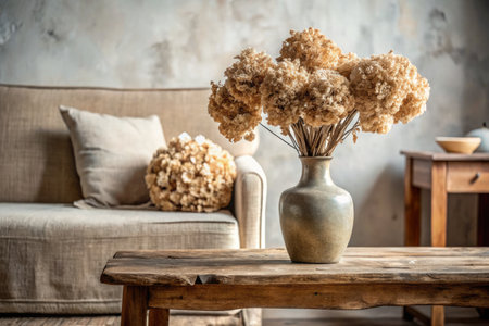 Vase with dried flowers on wooden table in living roomの素材