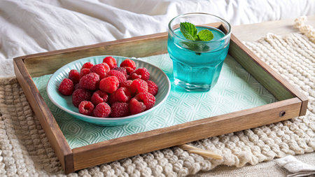 Raspberries and mint in a blue glass on a wooden trayの素材