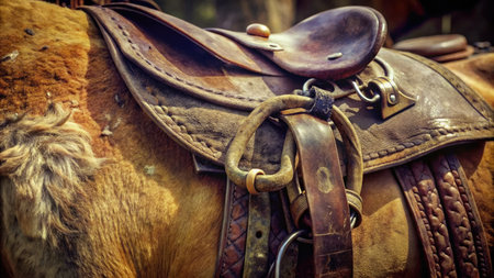 Close up of a saddle on a horse in the paddock.の素材