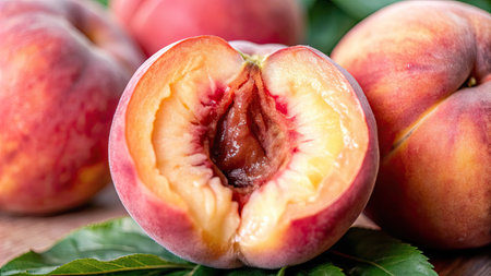 Fresh peaches with leaves on rustic wooden table, closeupの素材