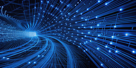 Abstract blue background with glowing lines and points.の素材