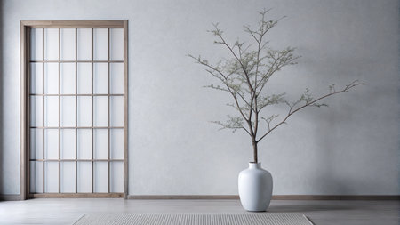 Interior design of japanese room with white ceramic vaseの素材