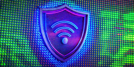 Shield with Wi-Fi symbol on colorful pixelated background representing secure wireless networksの素材