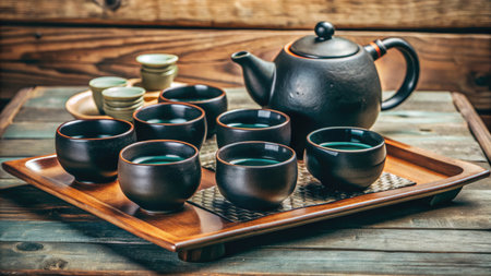 Tea set on wooden background - vintage effect style pictures. Toned.の素材