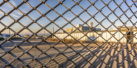 fence on the background of the industrial landscape with blue sky.の素材
