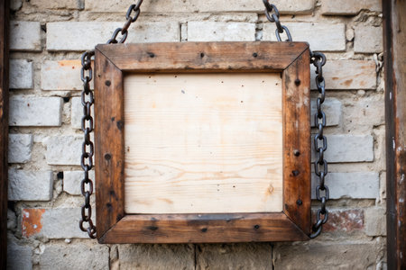 Wooden signboard hanging on a chain on an old brick wallの素材