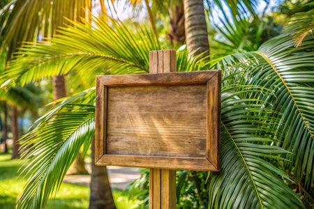 Blank wooden sign board in the garden with palm tree background.の素材