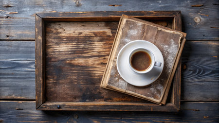 Cup of coffee and old book on wooden tray, top viewの素材