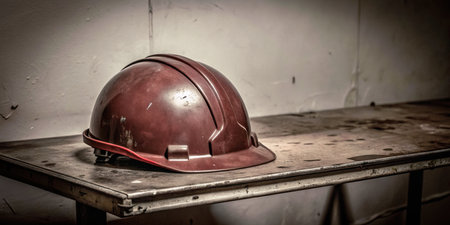 Hard hat on a table in an abandoned building.の素材