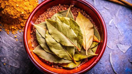 Dry bay leaves and spices in bowl on rustic background.の素材