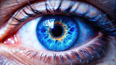 Close-up of human eye with blue iris. Macro shotの素材