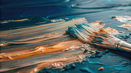 Paint brush and palette of oil paints on a dark blue backgroundの素材