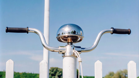 Bicycle handlebar on the background of a white fence and blue skyの素材