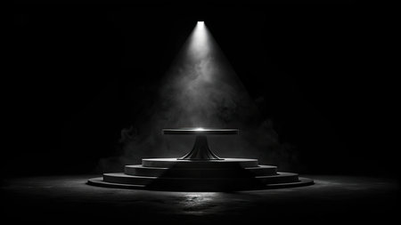 Stage Podium Scene with for Award Ceremony illuminated by spotlight. Award ceremony concept. Stage backdrop.の素材