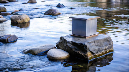 Wooden box in the water with stones on the lake shore.の素材