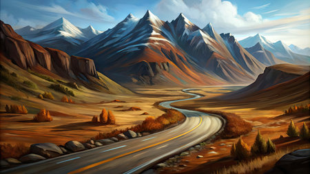 Beautiful landscape with mountains and road.の素材