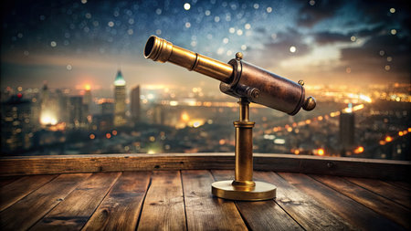 Brass telescope on wooden deck overlooking illuminated city skyline and starry night skyの素材