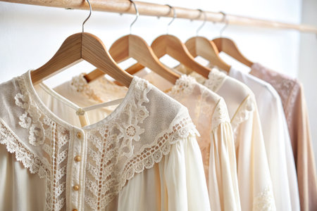 Beautiful wedding dresses hanging on hangers in dressing room, closeupの素材