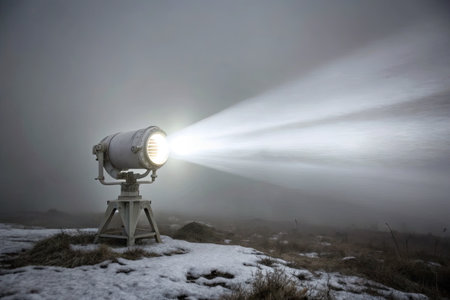 A single light source in a foggy winter landscape with some snowの素材