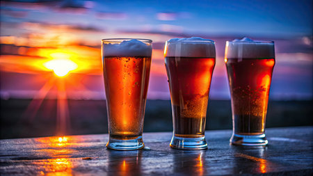 Three glasses of beer on the table at sunset. Selective focus.の素材