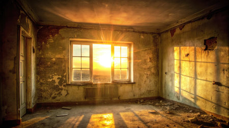 Sunset in an abandoned building with windows and rays of light.の素材
