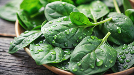 Fresh spinach leaves in wooden bowl with water drops on wooden table.の素材