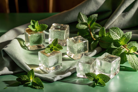 Ice cubes with mint leaves on green tablecloth. Selective focus.の素材