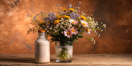Bouquet of wildflowers in a vase on a wooden tableの素材