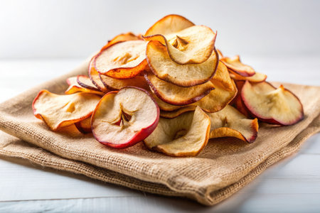 Sliced apple chips on a linen napkin on a white wooden backgroundの素材