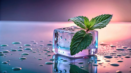 Mint leaves frozen in ice cube with water drops on colorful backgroundの素材