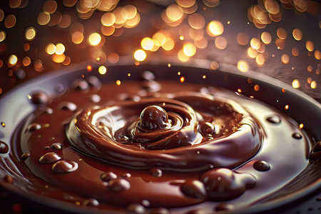 Close up of a chocolate drop splashing on a black plate.の素材