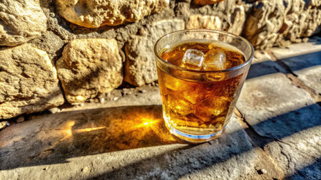 Glass of whiskey with ice cubes on stone wall background in sunny dayの素材