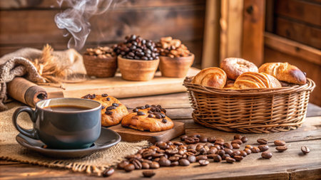Coffee beans and croissants on a wooden table.の素材