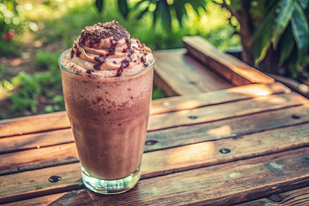 Iced chocolate milkshake with whipped cream in glassの素材
