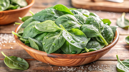 Bowl with fresh green leaves of baby spinach on wooden table, closeupの素材